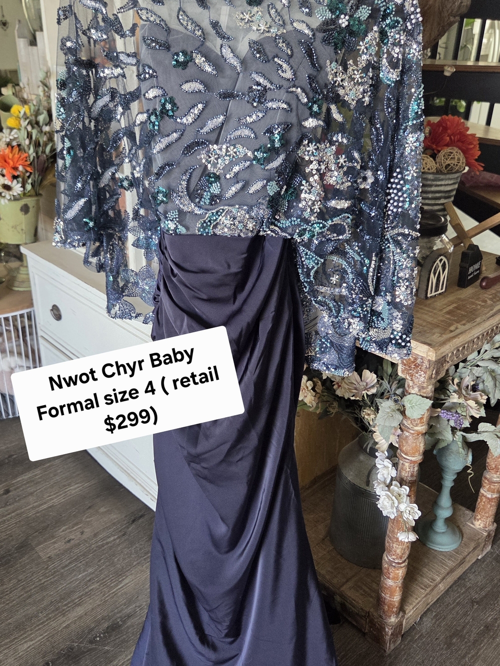 Embellished Navy Sequin Prom Dress - Size 4